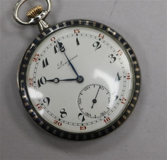 An early to mid 20th century Longines silver and niello dress pocket watch.